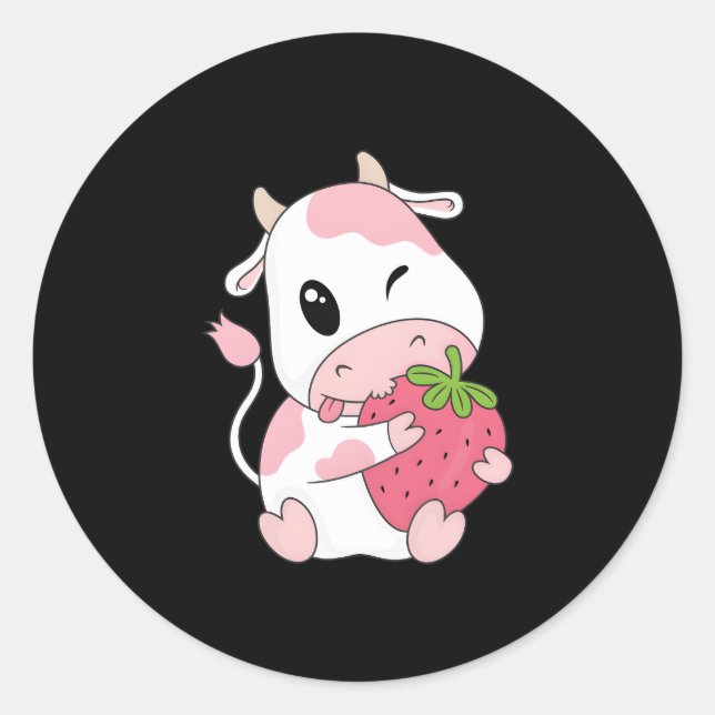 Adesivo Redondo Kawaii - Impressão de vaca de morango (Frente)