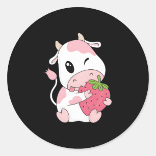 Adesivo Redondo Kawaii - Impressão de vaca de morango