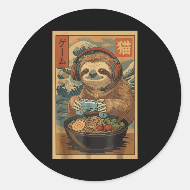 Adesivo Redondo Kawaii Japanese Ramen Sloth Retro Gaming Shirts Fo (Frente)