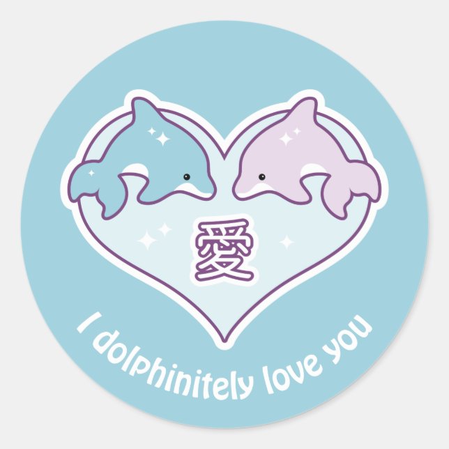 Adesivo Redondo Kawaii Love Dolphins (Frente)