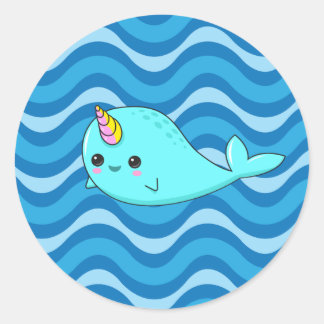 Adesivo Redondo Kawaii Narwhal Blue Waves Sticker