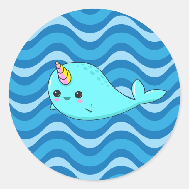 Adesivo Redondo Kawaii Narwhal Blue Waves Sticker (Frente)