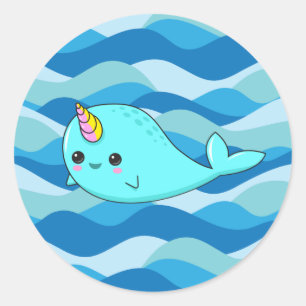 Adesivo Redondo Kawaii Narwhal em Blue Waves Sticker