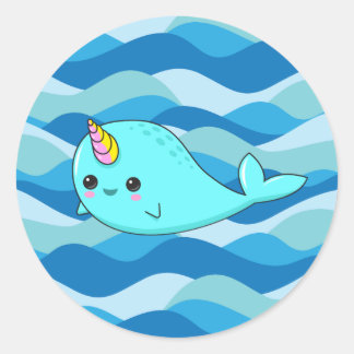 Adesivo Redondo Kawaii Narwhal em Blue Waves Sticker