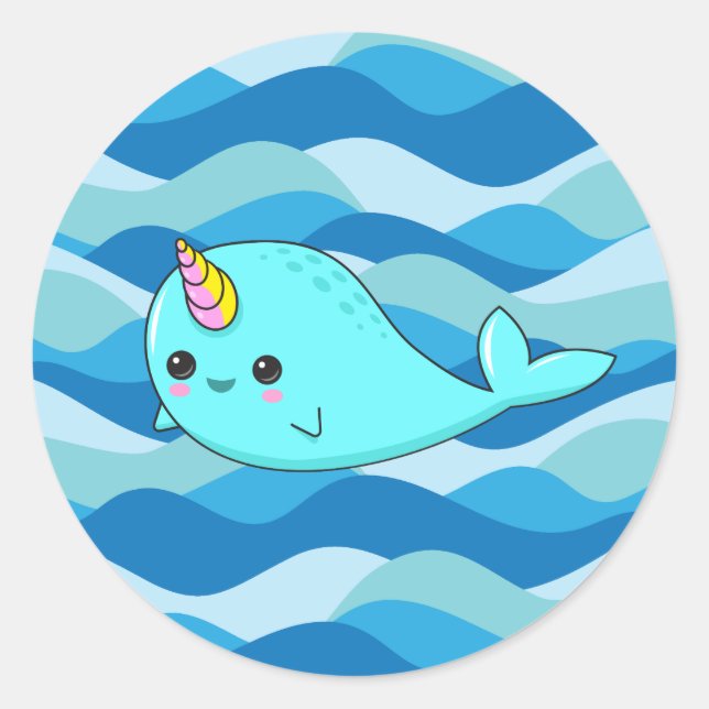 Adesivo Redondo Kawaii Narwhal em Blue Waves Sticker (Frente)