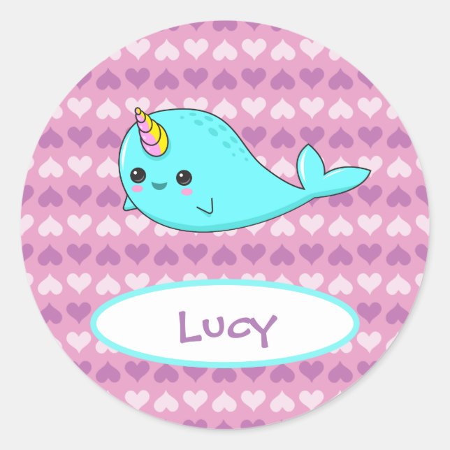 Adesivo Redondo Kawaii Narwhal Purple Heart Name Sticker (Frente)