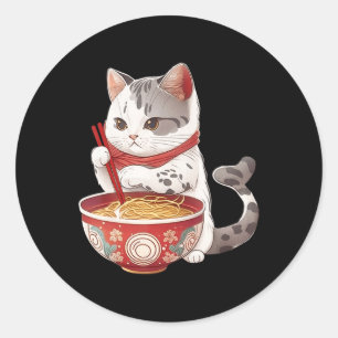 Adesivo Redondo Kawaii NeKo Cat Comendo Ramen Noodles Comida Japon