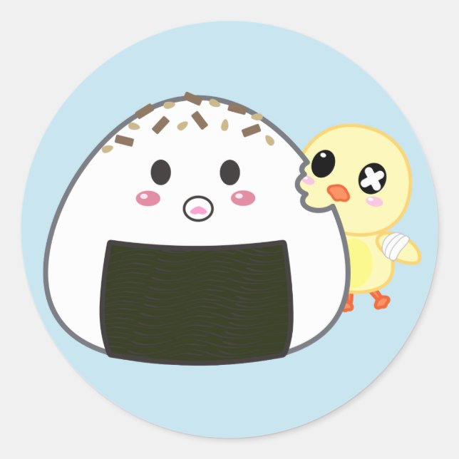 Adesivo Redondo Kawaii "Onigiri" Rice Ball com Ejiki o Pintinho (Frente)