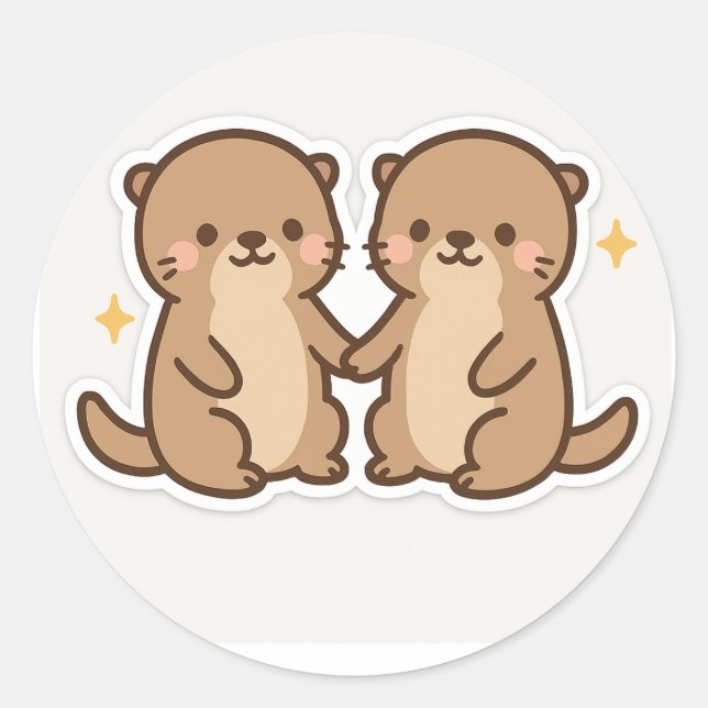 Adesivo Redondo Kawaii Otters Holding Hands Sticker (Frente)