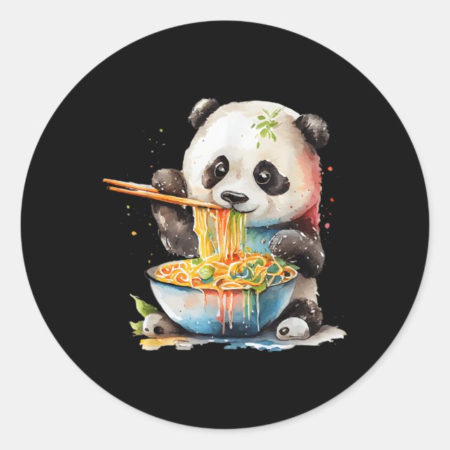 Adesivo Redondo Kawaii Panda Comendo Ra Noodles Otaku Watercolor (Frente)