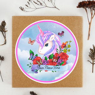 Adesivo Redondo Kawaii Pink e unicórnio roxo com rosas vermelhas
