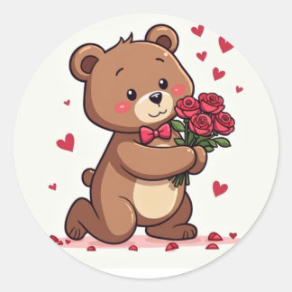 Adesivo Redondo Kawaii - Proposta de Urso Romântico com Rosas e Co