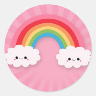 Adesivo Redondo Kawaii Rainbow and Clouds on Pink Starburst