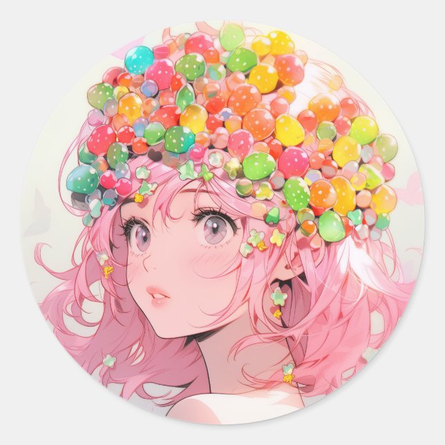 Adesivo Redondo Kawaii Rainbow Pastel Candy Mushroom AnimGirl (Frente)