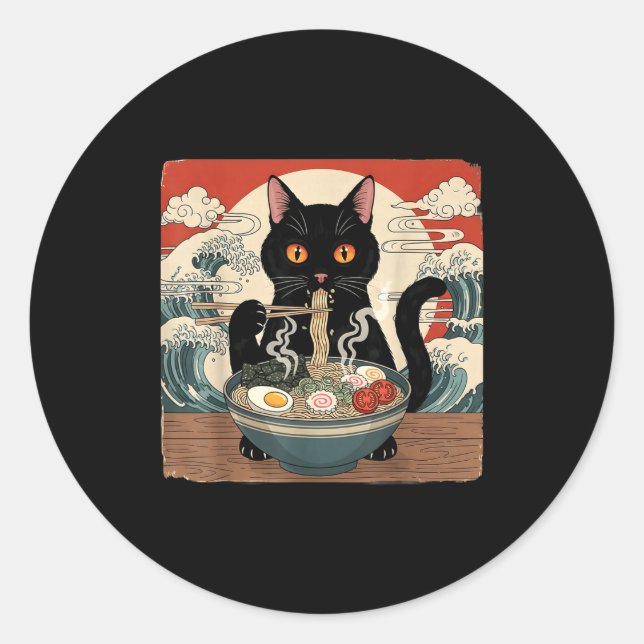 Adesivo Redondo Kawaii Ramen Cat Anime Japanese Noodles Food Wave  (Frente)