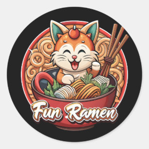 Adesivo Redondo Kawaii Ramen Gato Arte Retro Japonês de Macarrão T