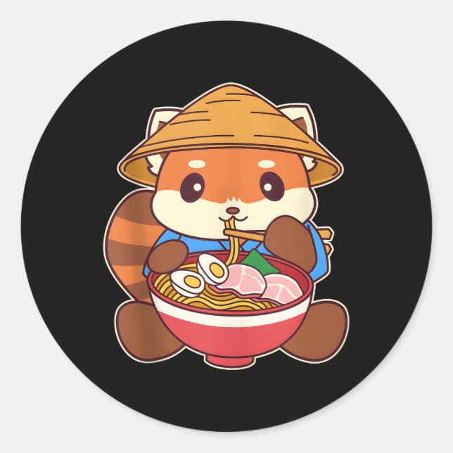 Adesivo Redondo Kawaii Red Panda Comendo Ra Noodle (Frente)