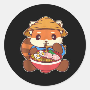 Adesivo Redondo Kawaii Red Panda Comendo Ra Noodle