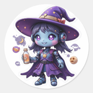 Adesivo Redondo Kawaii Robot Witch Girl Cute Sci-Fi