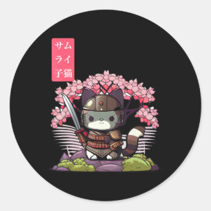 Adesivo Redondo Kawaii Samurai Kitten com Cherry Blossom Japonês