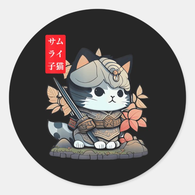 Adesivo Redondo Kawaii Samurai Warrior Kawaii Gato Japonês E (Frente)