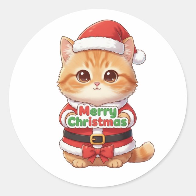 Adesivo Redondo Kawaii Santa Cat Merry Christmas (Frente)