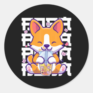Adesivo Redondo Kawaii Shiba Inu Dog Bubble Tea Boba Anime Gifts G