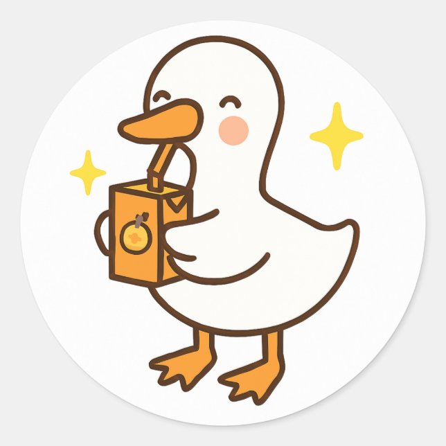 Adesivo Redondo Kawaii Silly Goose Holding Juice Box Sticker (Frente)