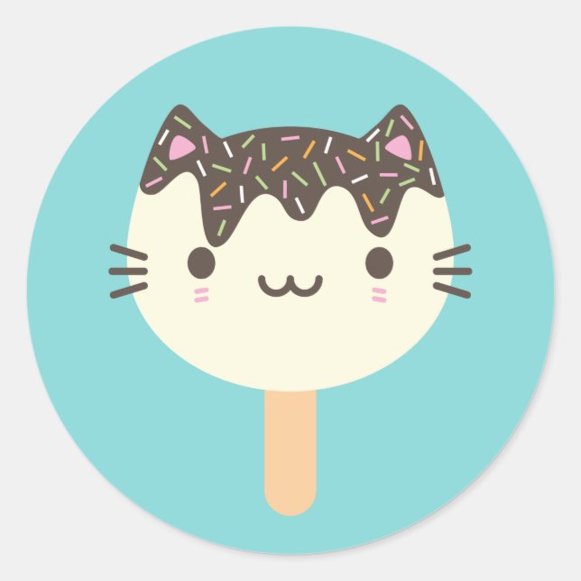 Adesivo Redondo Kawaii Summer Ice Lolly Popsicle Cat (Frente)