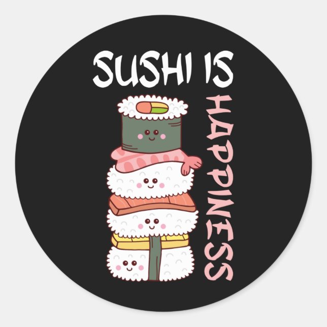 Adesivo Redondo Kawaii Sushi Happy Anime Comida Japonesa Bonita (Frente)