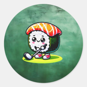 Adesivo Redondo Kawaii Sushi jogando golfe