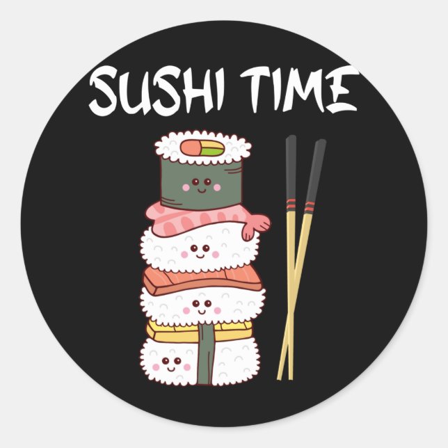 Adesivo Redondo Kawaii Sushi Time Anime Bonita Comida Japonesa (Frente)