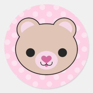 Adesivo Redondo Kawaii Teddy Bear Bolinhas Rosa