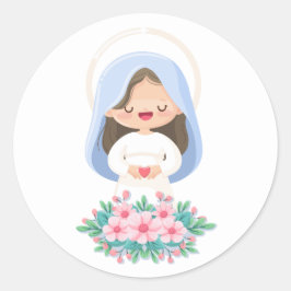 Adesivo Redondo Kawaii Virgem Maria Segurando Coração – Branco