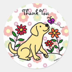 Adesivo Redondo Kawaii Yellow Labrador Cartoon Floral