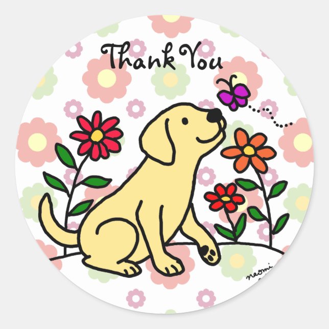 Adesivo Redondo Kawaii Yellow Labrador Cartoon Floral (Frente)