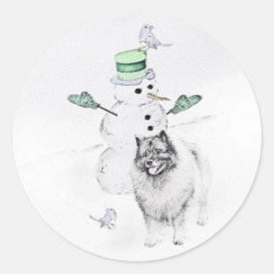 Adesivo Redondo Keeshond Christmas Snowman Pinting Art