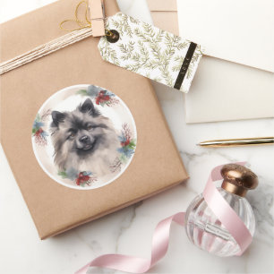 Adesivo Redondo Keeshond Christmas Wreath Festivo Pup