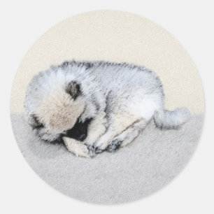 Adesivo Redondo Keeshond Dormindo Puppy Pintura Original