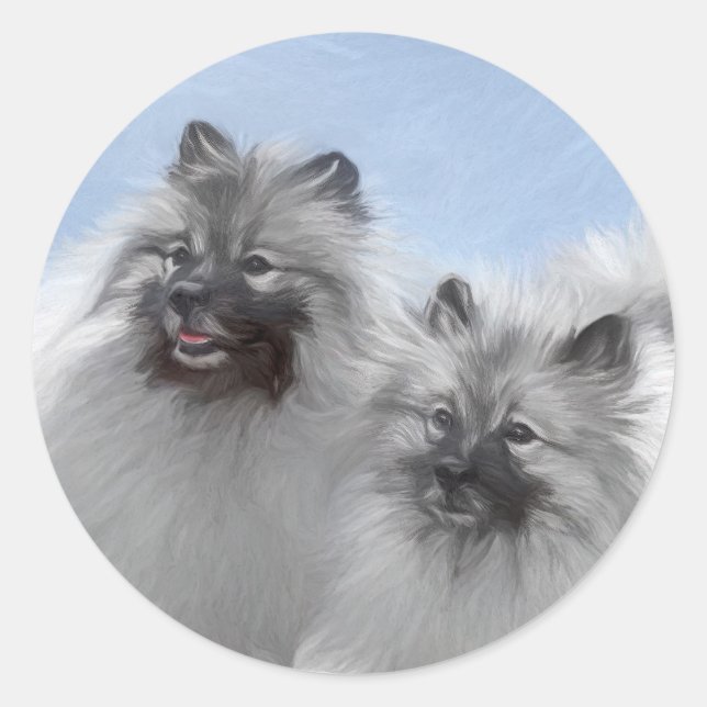 Adesivo Redondo Keeshond Pair de Kees pintando Arte Animal Origina (Frente)