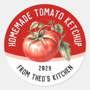 Adesivo Redondo Ketchup de tomate caseiro editável com tomate verm