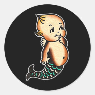 Adesivo Redondo Kewpie Baby Mermaid Tradicional Tattoo Flash
