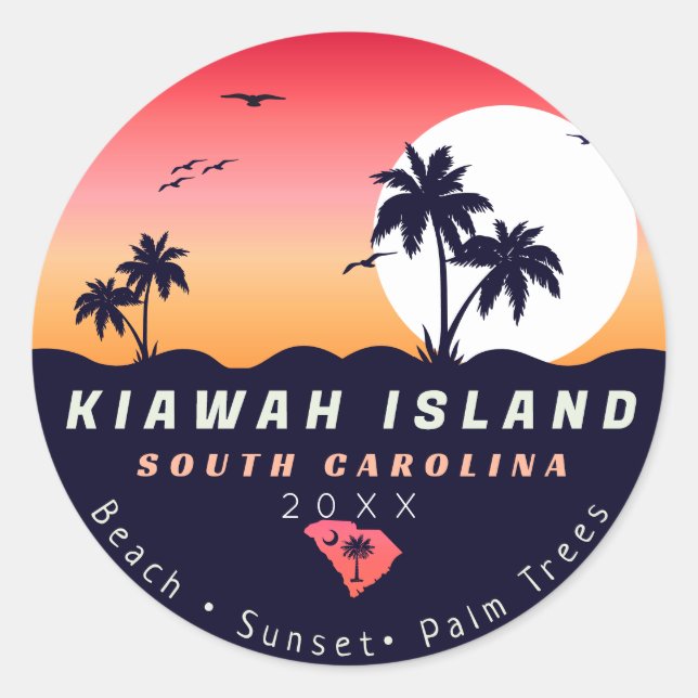 Adesivo Redondo Kiawah Island Pier SC Retro Sunset Souvenirs 80s (Frente)