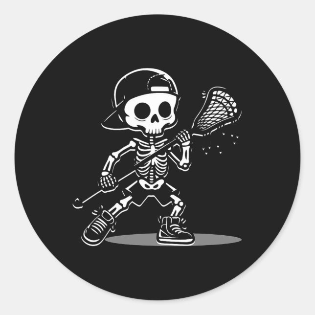 Adesivo Redondo Kid Halloween Skeleton Jogando Lacrosse Esporte (Frente)
