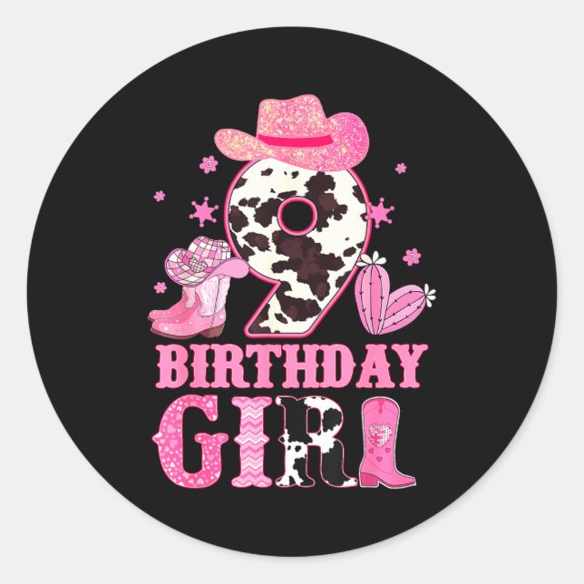 Adesivo Redondo Kids 9th Birthday Girl Rodeo Western Cowgirl Birth (Frente)