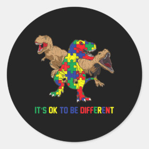 Adesivo Redondo Kids Autism Awareness Ribbon T-Rex Dino Dinosaur B