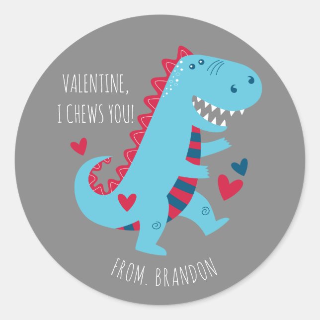 Adesivo Redondo Kids Classroom Dinosaur Valentines Day (Frente)