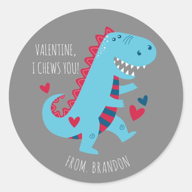 Adesivo Redondo Kids Classroom Dinosaur Valentines Day (Frente)