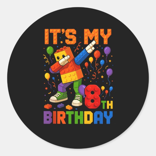 Adesivo Redondo Kids Its My 8th Birthday Building Blocks 8 Years O (Frente)