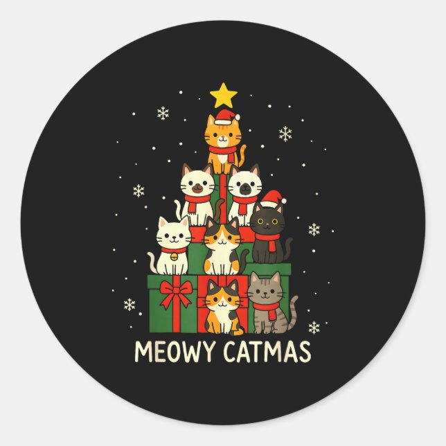 Adesivo Redondo Kids Men Women Meowy Catmas Funny Christmas Cats C (Frente)